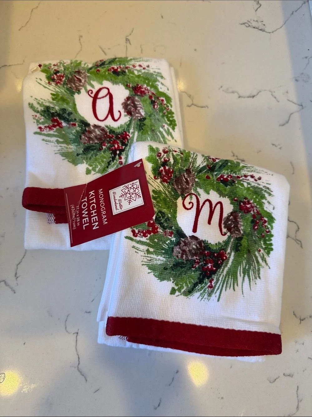 WONDERLAND Red and Green Monogram Holiday Kitchen Towel set 2